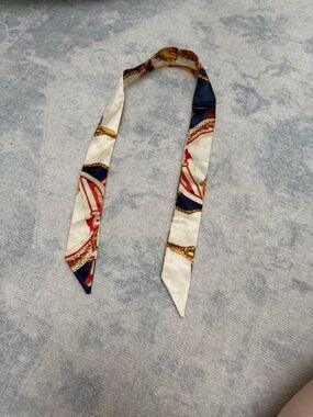 Silk-Tone Navy, Cream & Red Patterned Ribbon Scarf